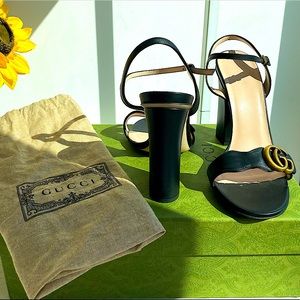 Gucci Black Leather Block Heel Sandals with Gold Double G